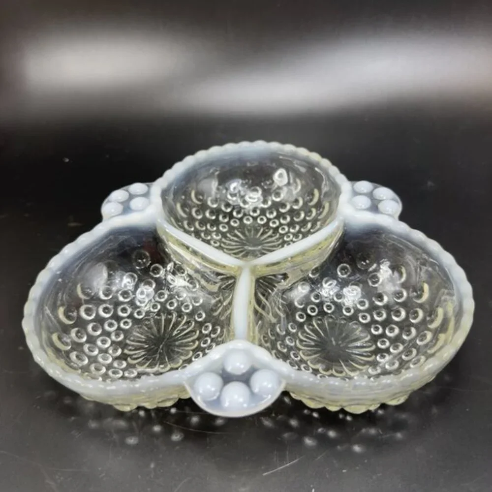 Anchor Hocking Moonstone Clear Opalescent Hobnail Relish Dish 3 Parts Glass Dish